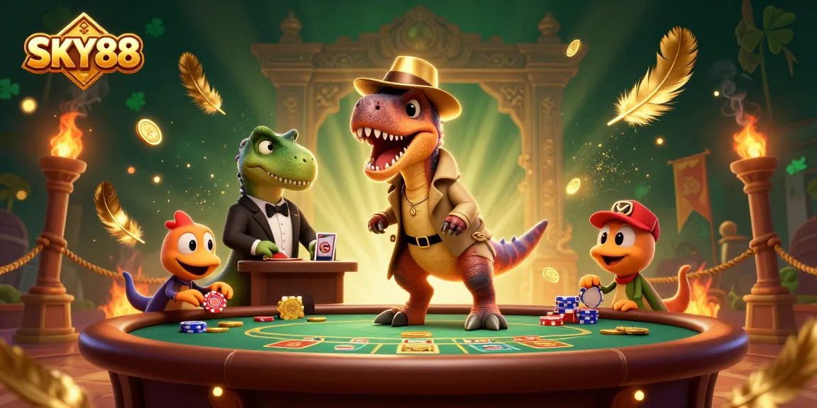 Experience gambling at SKY88 with a crafty velociraptor and suspicious stegosaurus in a vibrant casino scene.