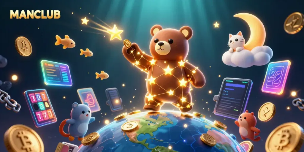 Win big at MANCLUB with interactive games and colorful casino elements in a vibrant scene.