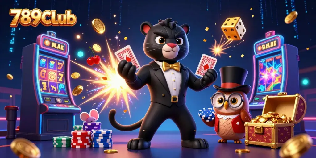 Engage in thrilling games at 789CLub with a dynamic scene featuring a stylish panther dealer, lucky characters, and vibrant casino elements.