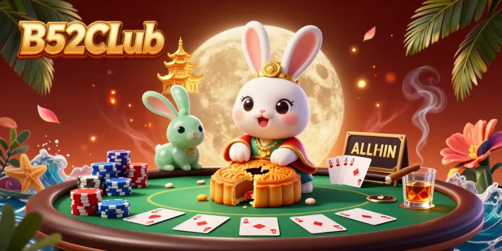 B52CLub celebrates casino fun with vibrant illustration of a moon rabbit on the lunar surface amidst poker elements and golden mooncakes.