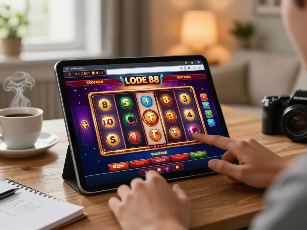 Engaging with online slot games on a tablet showcasing LODE 88, cozy home atmosphere
