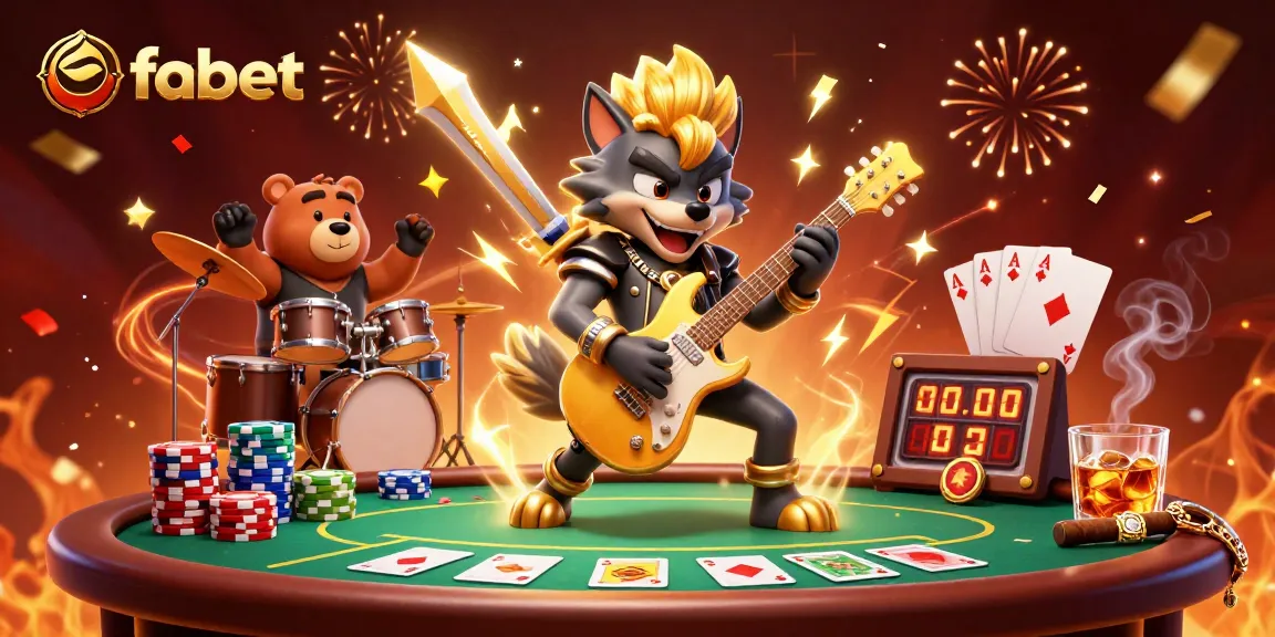 Experience fabet's vibrant casino scene with a rocking wolf and wild drummer bear.