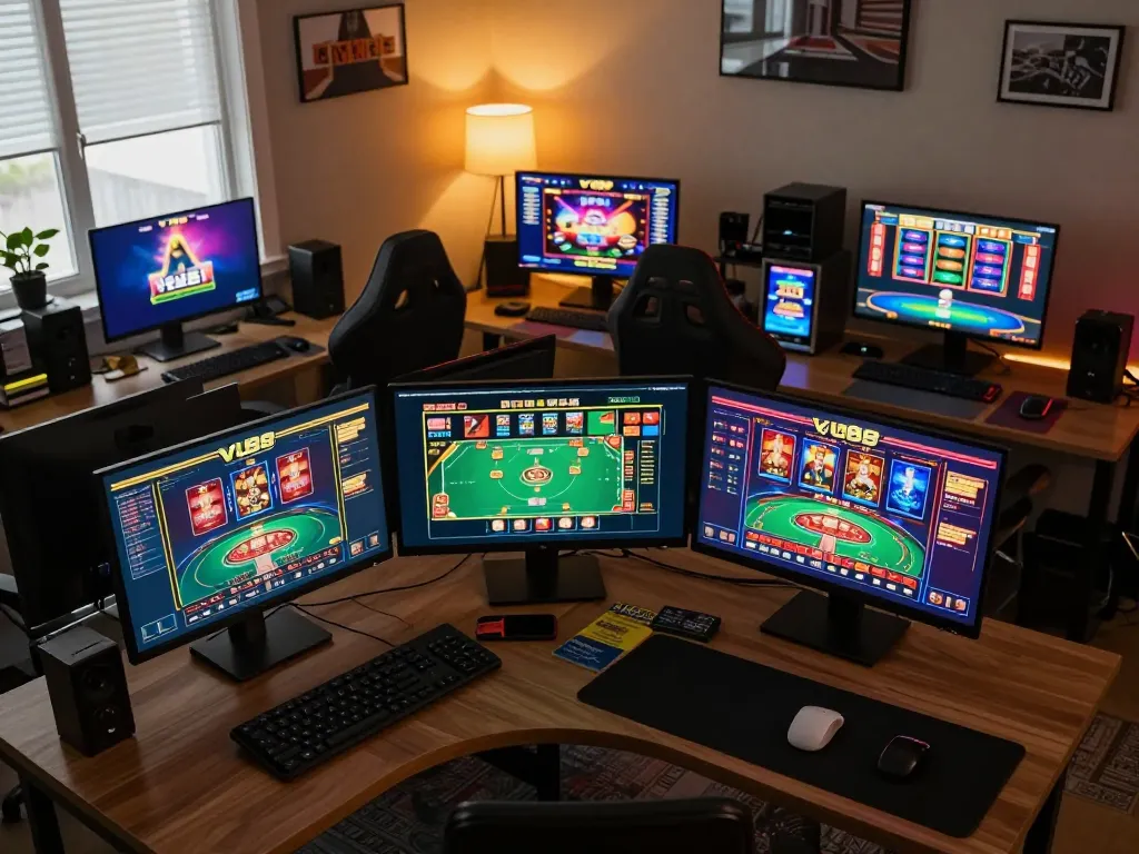 Players engaging with VU88 casino online interface on multiple screens in a professional gaming setup.