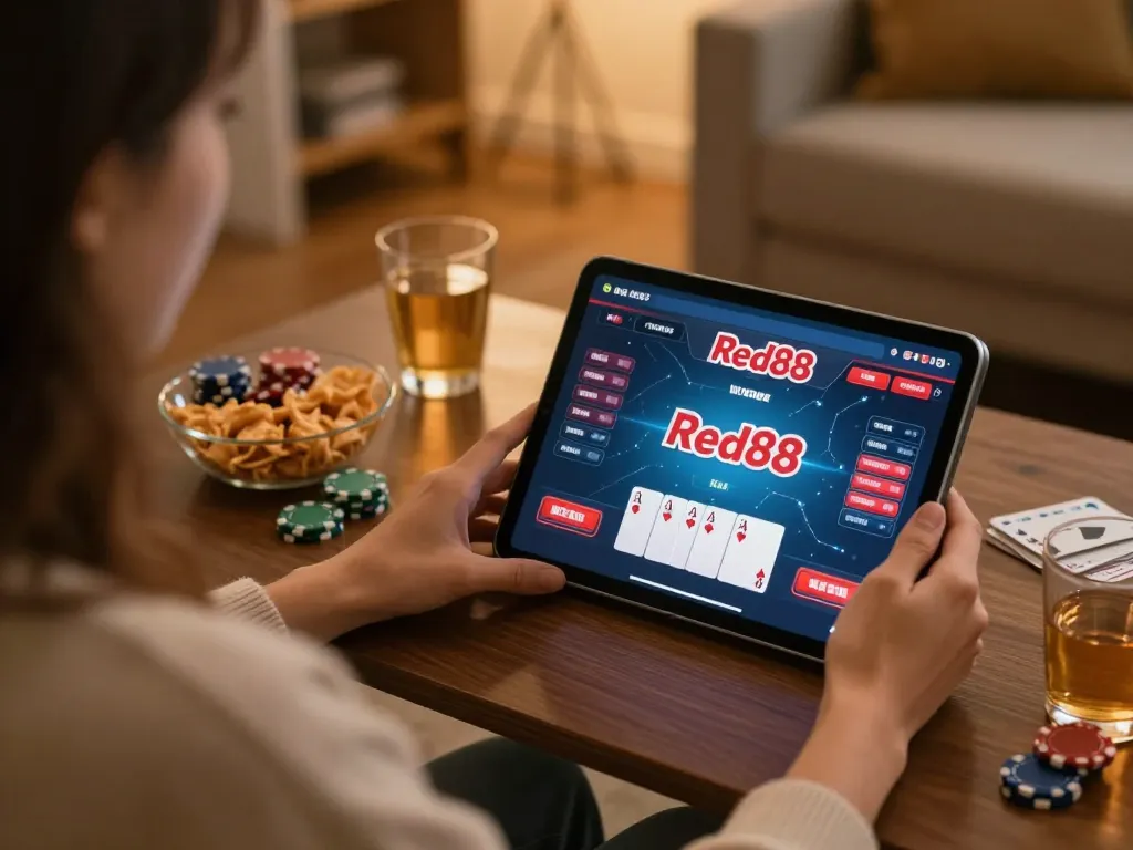 A player enjoying a game of Red88 online poker on a tablet, seated at a cozy home environment with snacks nearby.