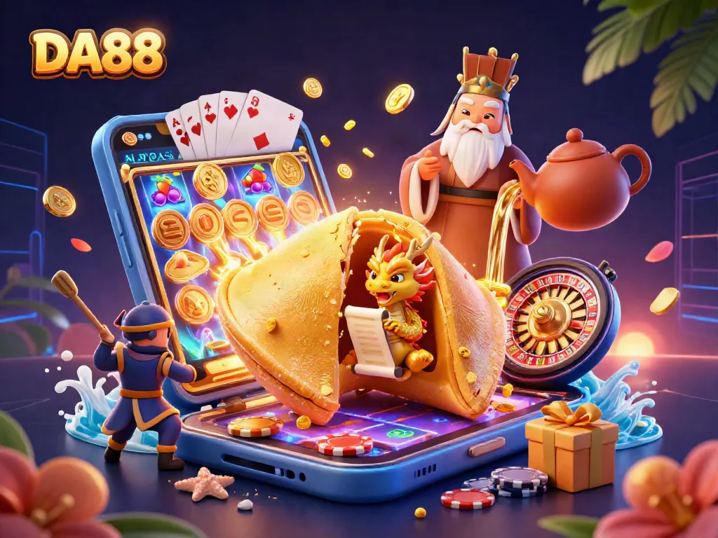 Play DA88 slots featuring a wise dragon and golden treasures in a vibrant online casino scene.