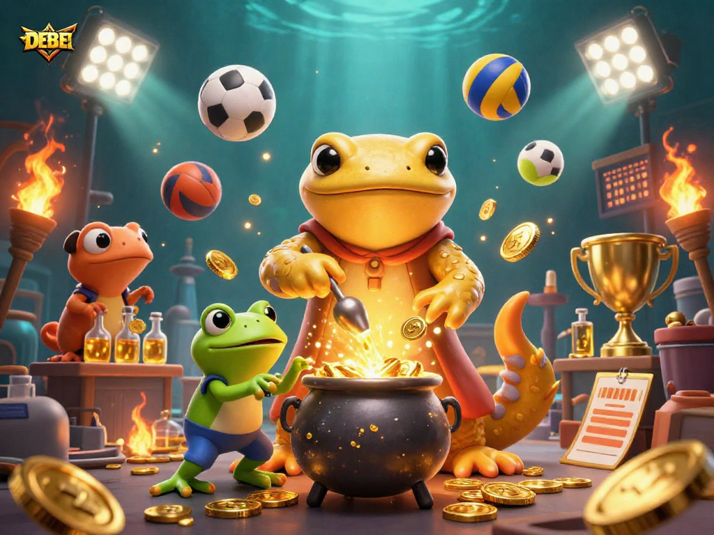 DEBET showcases an enchanting scene of a golden salamander alchemist with lively sports elements in a dynamic laboratory.