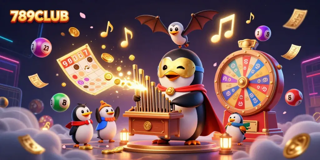 Experience the games at 789CLUB with a jubilant penguin, golden coins, and vibrant lottery balls in a dynamic casino scene.