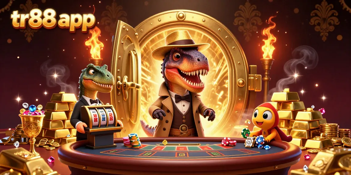 Spin the reels with the tr88 app, featuring a velociraptor counter among golden treasures in a vibrant casino scene.