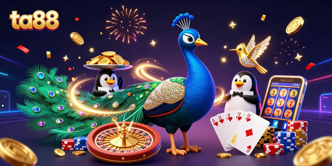 Spin to win with ta88 as peacock and friends celebrate casino life in vibrant 3D illustration.