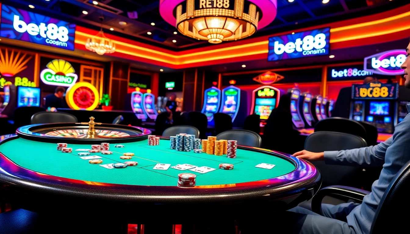 Excited players experience Bet88 com at a vibrant casino with poker and slot machines.