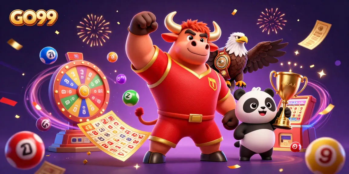Engage with GO99 as a muscular bull and friends celebrate big wins in a vibrant casino illustration.