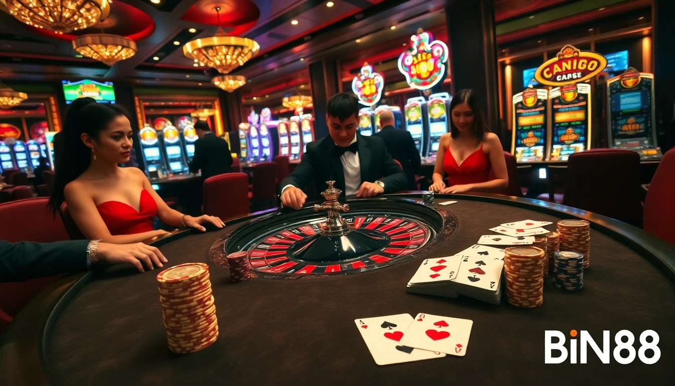 Players enjoying a thrilling game at Bin88 Casino, surrounded by vibrant roulette tables and slot machines.