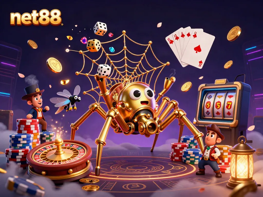Experience the excitement at net88 with a whimsical 3D illustration featuring a golden spider and a Victorian fly gentleman amidst casino elements.