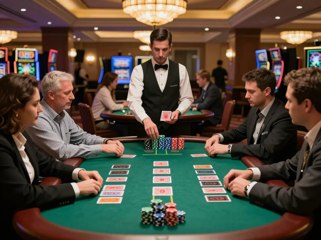 vu88a players strategizing at an upscale blackjack table in a vibrant casino setting