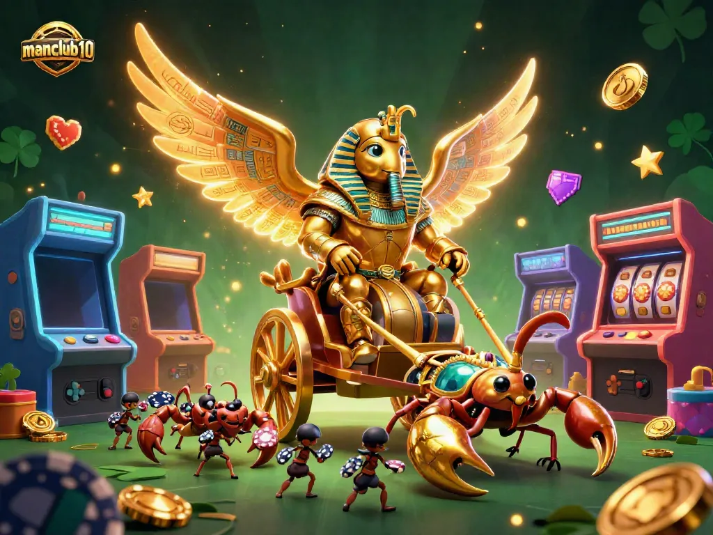Experience the excitement of manclub10 with a vibrant 3D illustration featuring a golden beetle and casino elements.