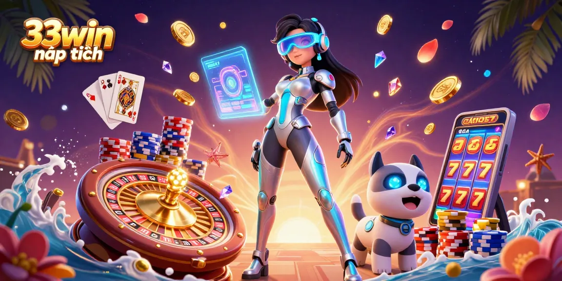 Engage with 33win nạp tiền showcasing dynamic wins and holographic casino elements.