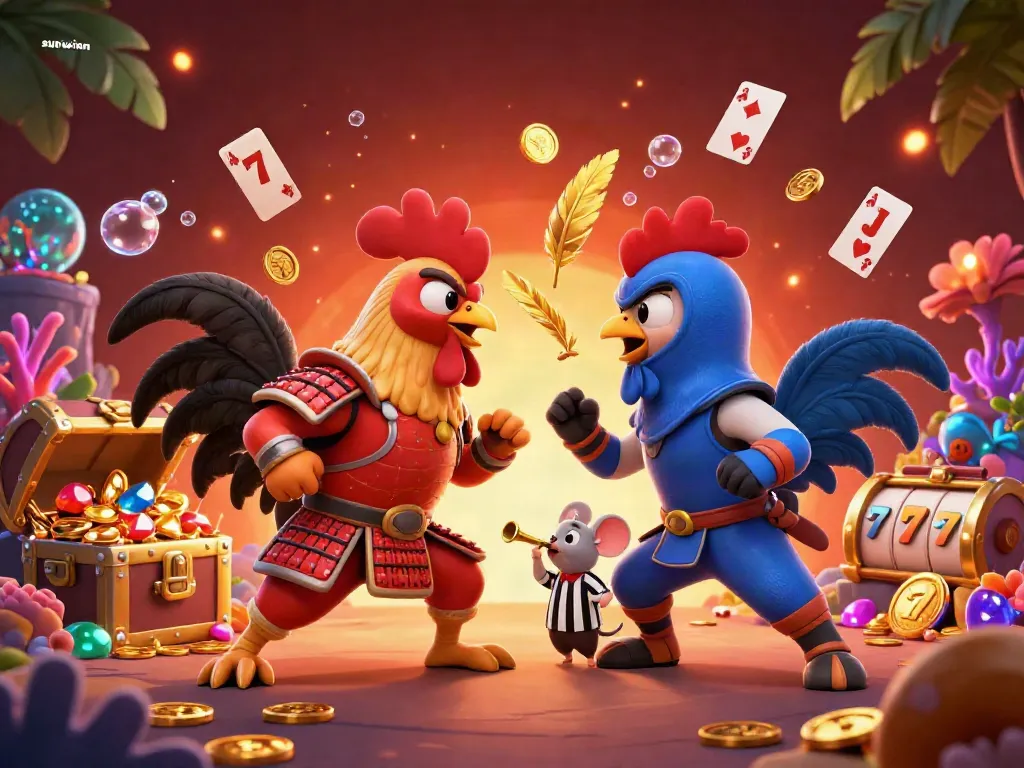 Experience the excitement of sunwinn with dynamic casino elements and fierce rooster warriors in stunning 3D.