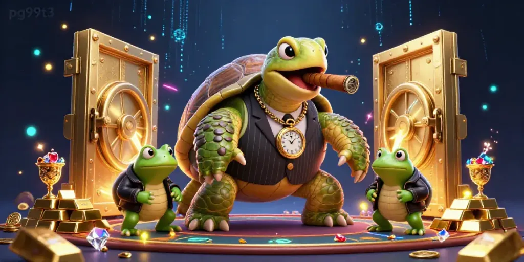 Engage in vibrant gaming at pg99t3, with unique illustrations of a mobster turtle, treasure, and strong casino elements.