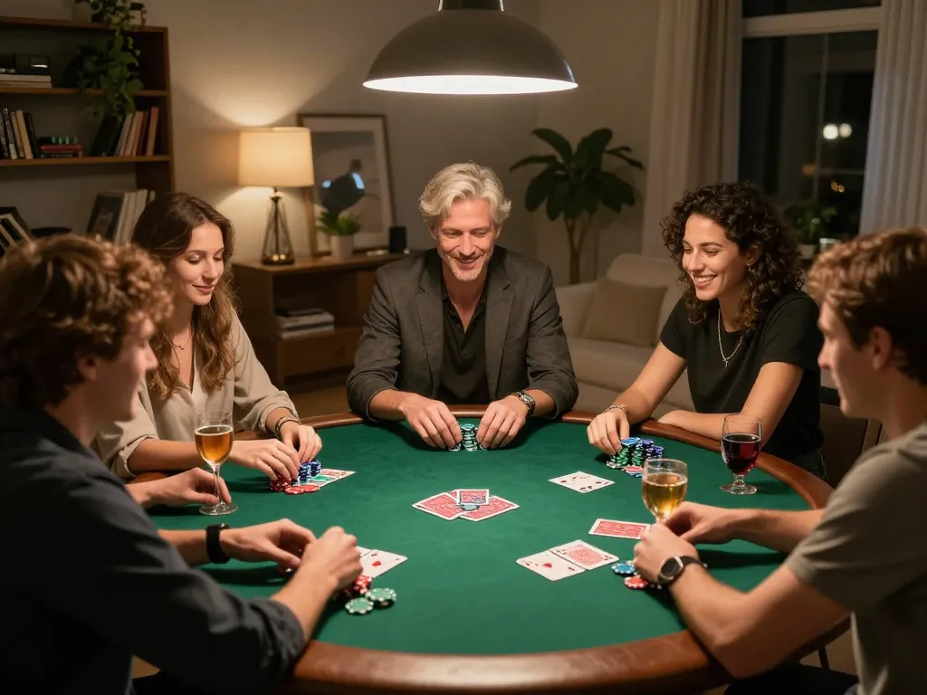 Xoilac poker night scene with friends sharing laughter and strategy, engaging in friendly competition.