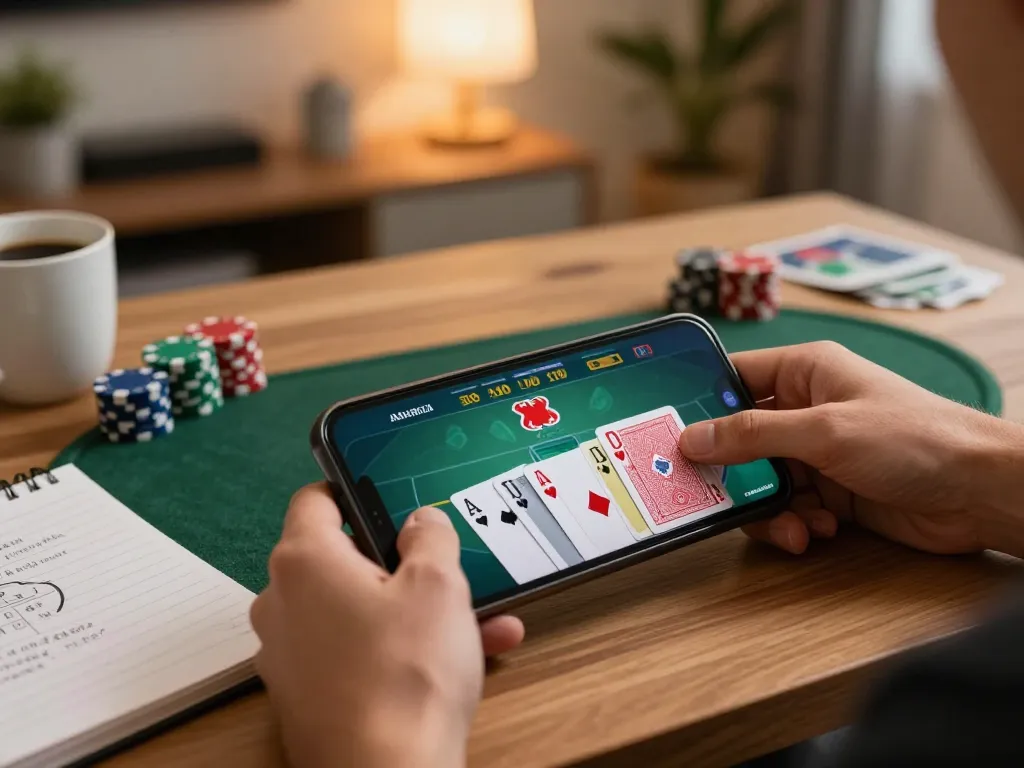 Player enjoying cm88 online poker on smartphone at home with strategic notes visible
