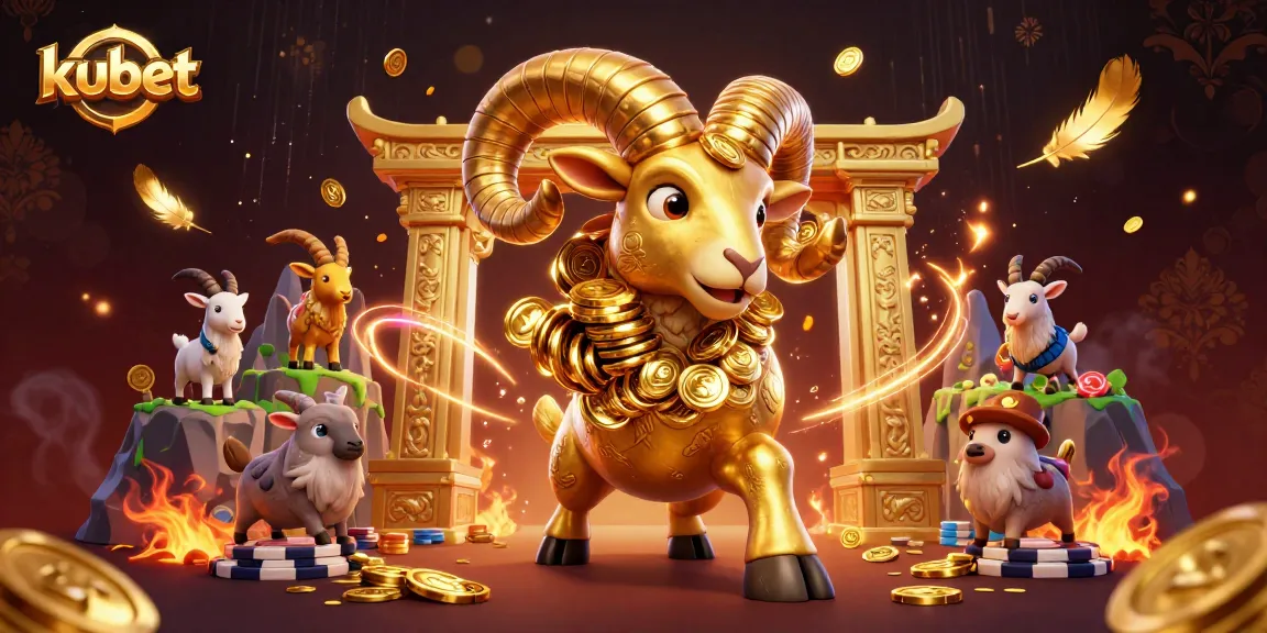 Kubet's golden ram character charges through a vibrant digital casino scene filled with coins and excitement.