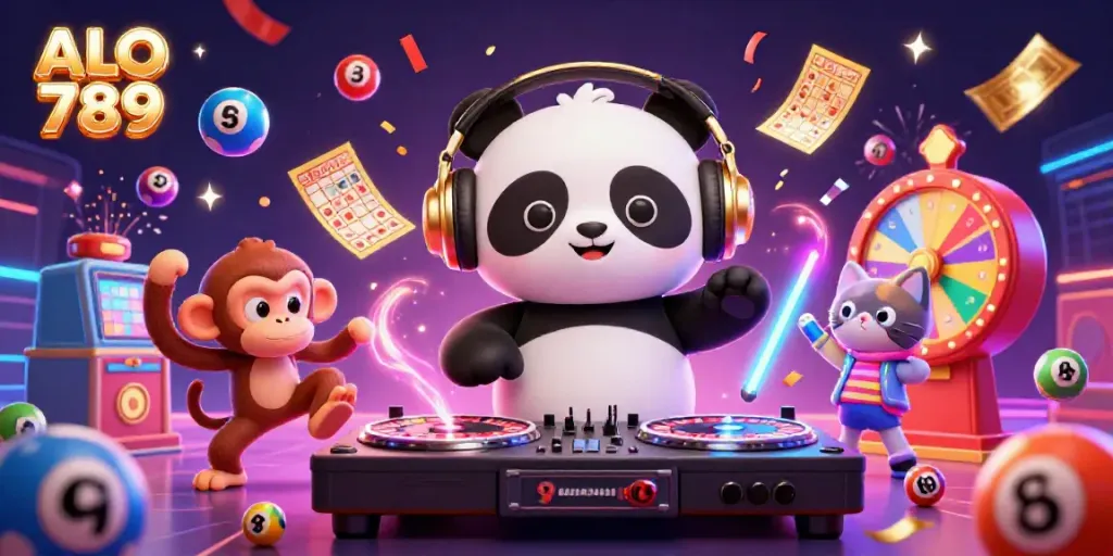 Experience the excitement of ALO 789 with lively characters celebrating gambling wins amidst colorful game elements.