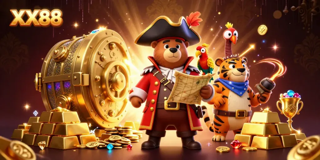 Experience thrilling games with XX88's captivating 3D pirate scene showcasing treasure and excitement.