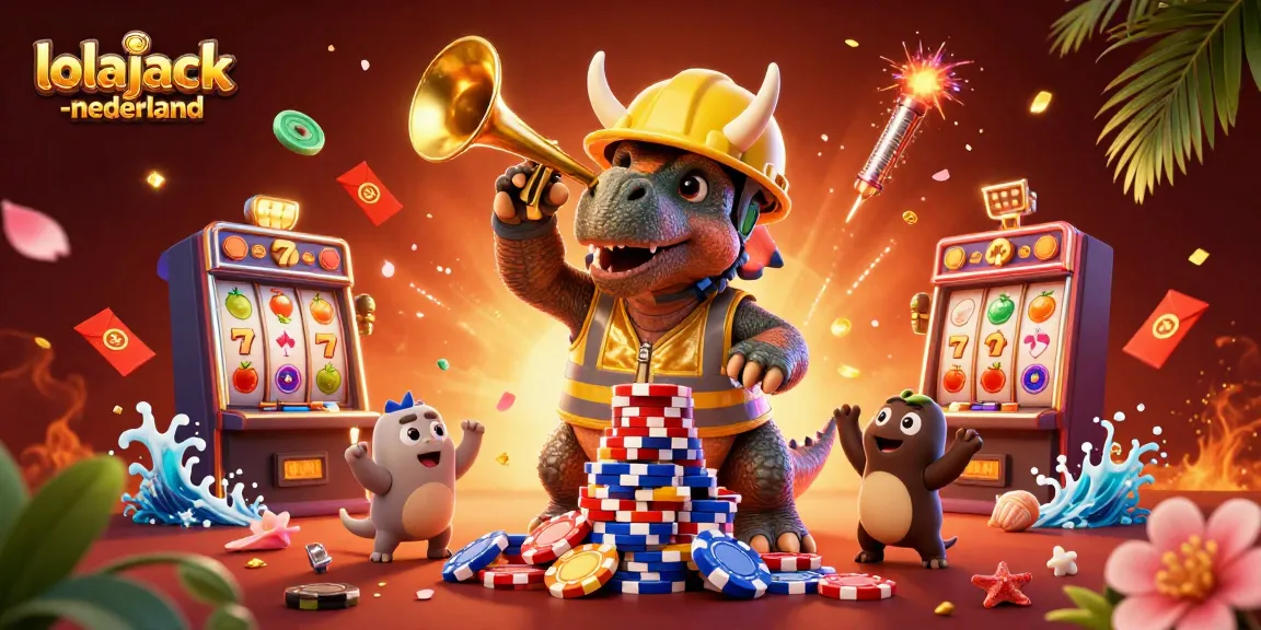 Experience excitement at lolajack-nederland with a vibrant casino illustration featuring unique characters and game elements.