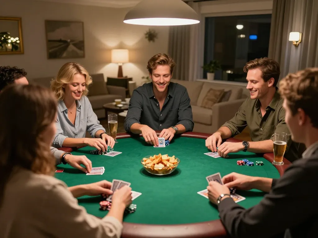 Engaging poker game night scene featuring 9bet action among friends, showcasing strategic gameplay and social interaction.