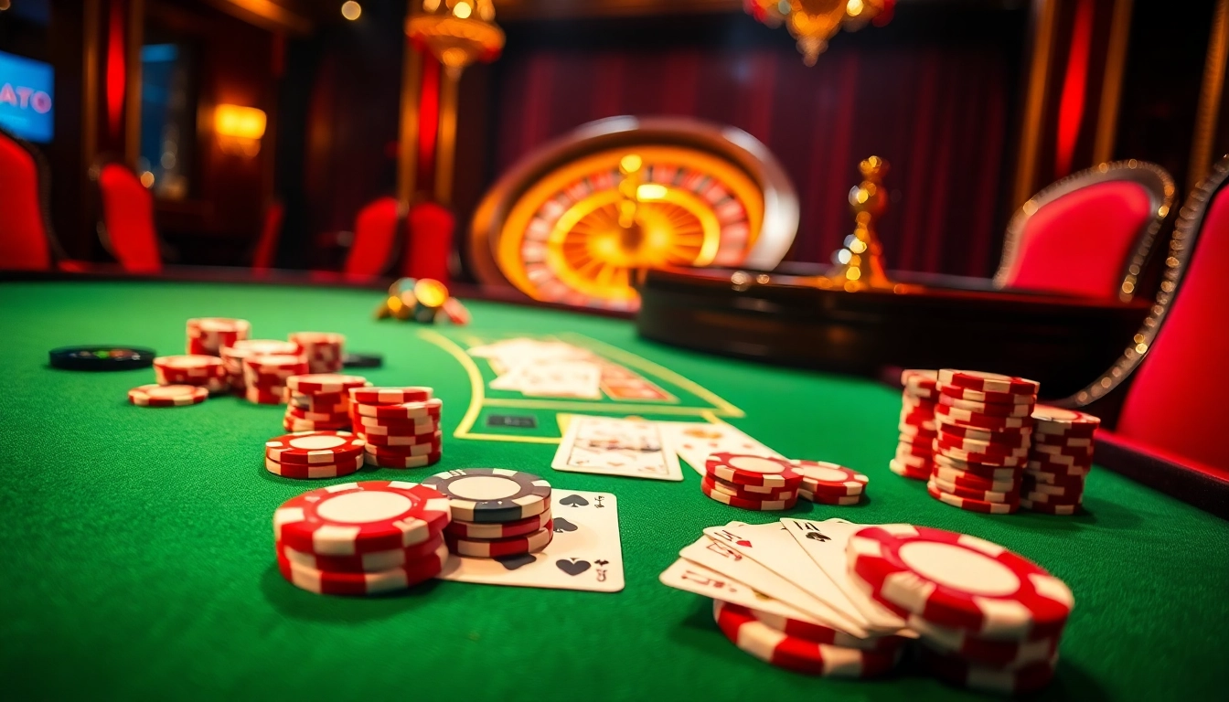 Experience a thrilling game of chance at Bin88 with vibrant poker chips and cards on an elegant casino table.