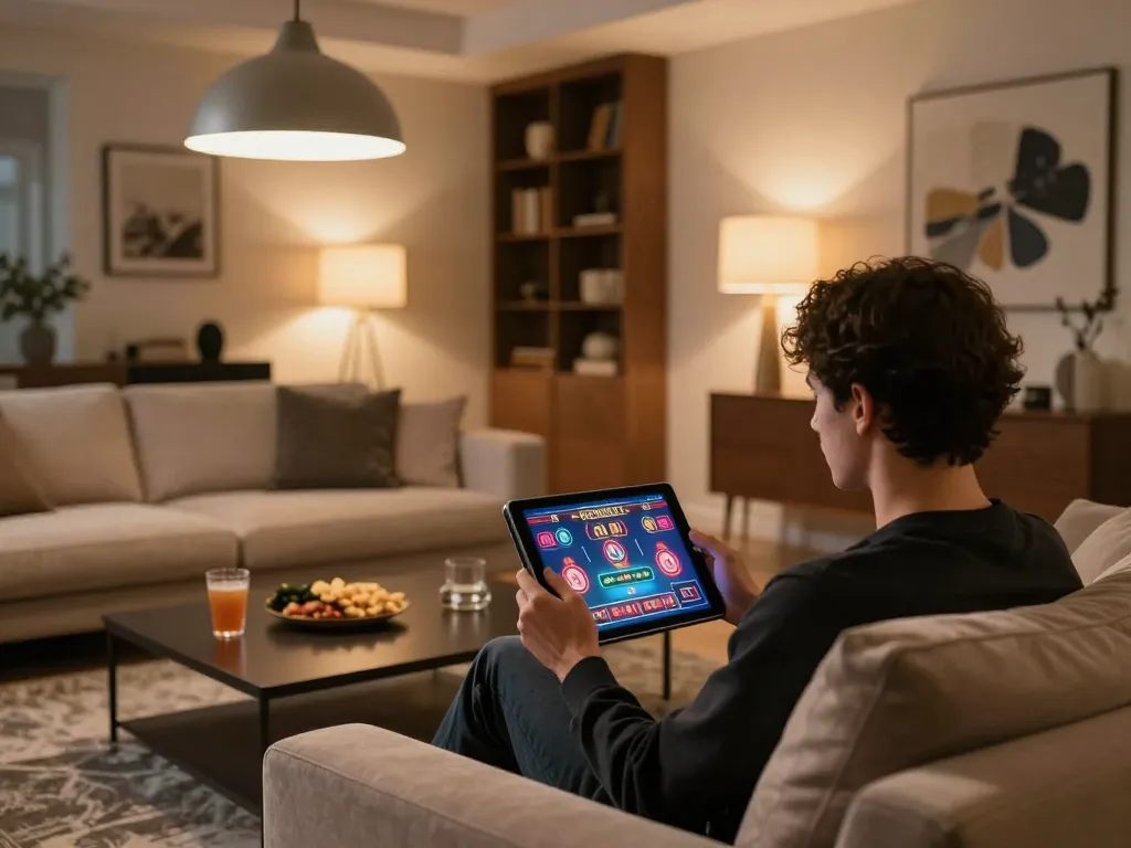 Player engaging in online gambling on tablet in warm living room, s666hn for strategic gaming.