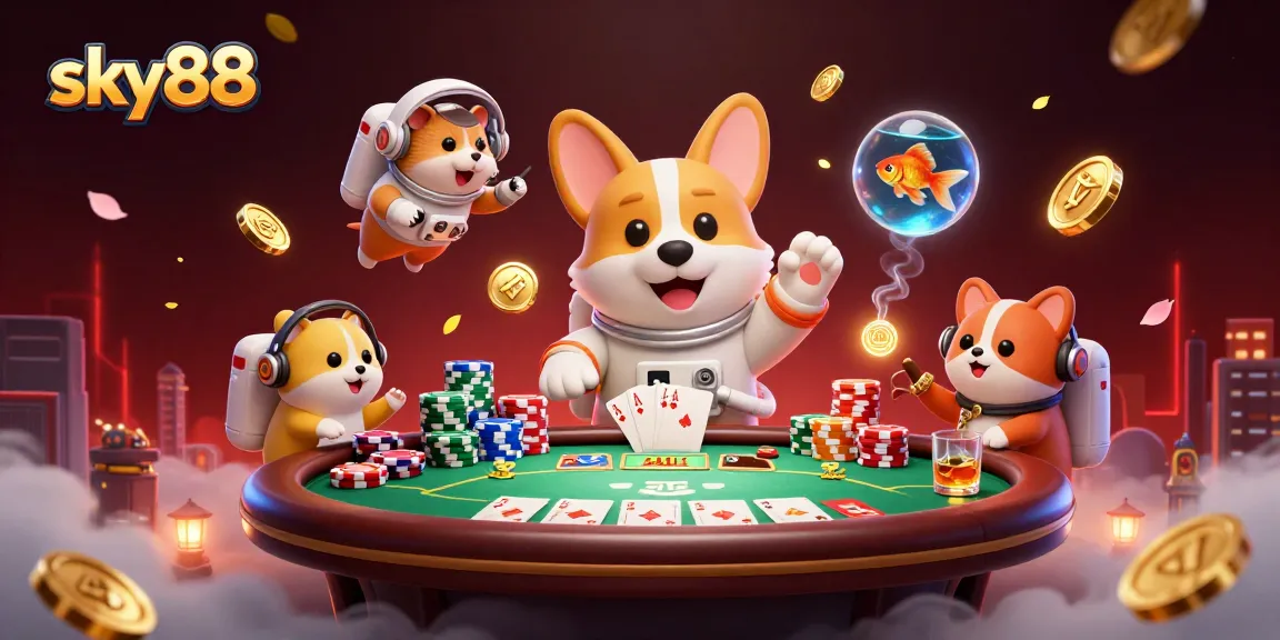 Engage with sky88, showcasing a lively casino scene featuring a corgi astronaut and vibrant floating chips.