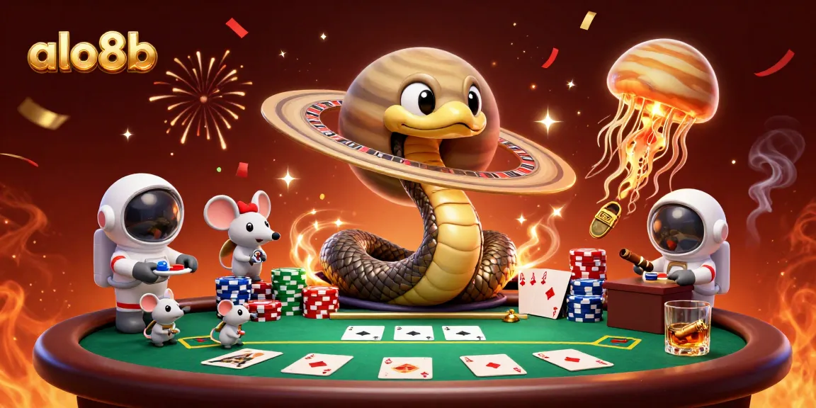Engaging astronauts bet on Saturn's rings as a roulette wheel in this alo8b-themed cosmic casino scene.