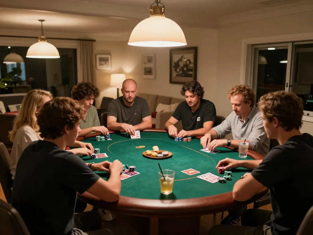 Jun88 players engage in a fun home poker night, showcasing chips and cards for a competitive yet friendly atmosphere.