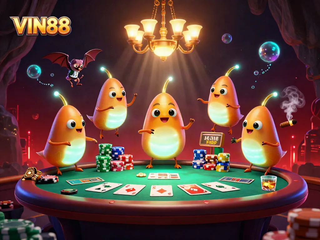 Experience excitement at VIN88 casino with whimsical glowworms amidst poker elements.