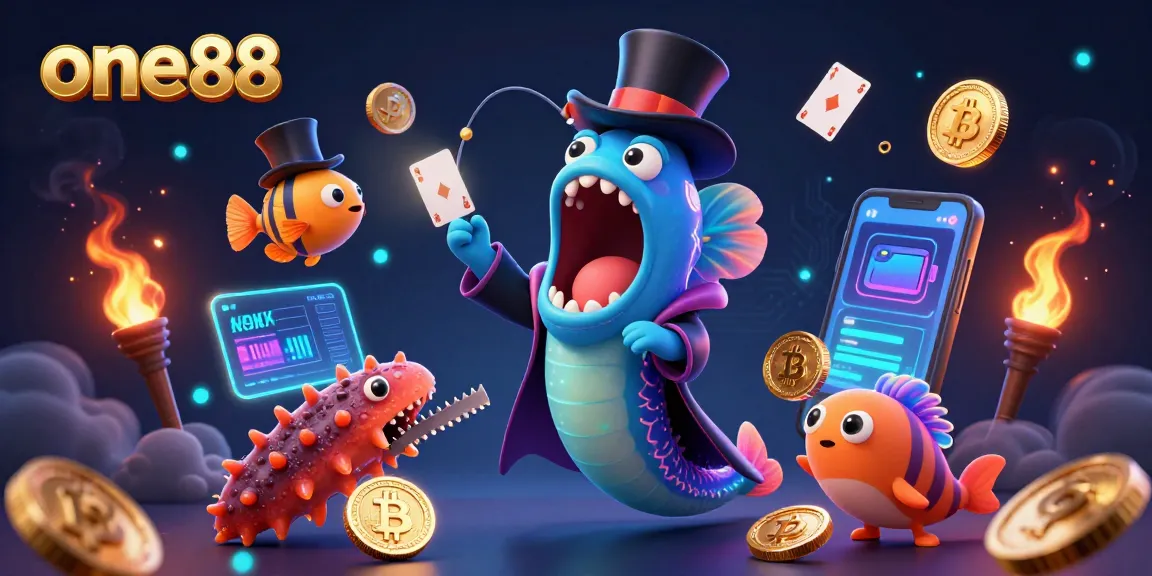 Experience the magic of one88 with a vibrant 3D animated scene of a deep-sea eel performing card tricks.
