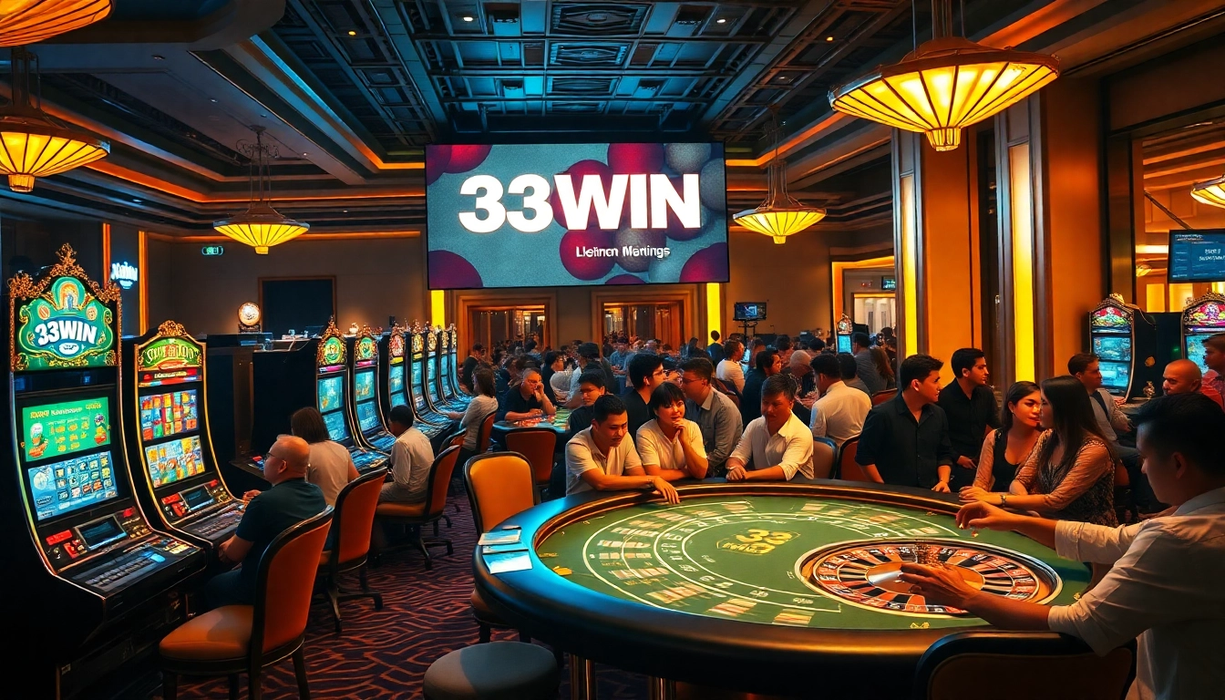 Experience the thrill of 33WIN at a luxury casino surrounded by engaging players and vibrant gaming equipment.