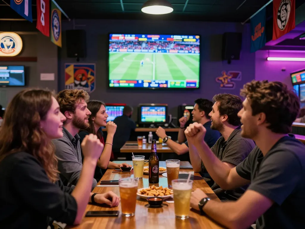 Group celebrating sports betting at Topbet lounge with cheering fans and digital screens