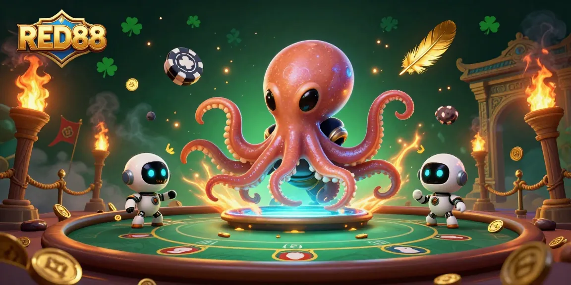 Experience thrilling gameplay at RED88 with a futuristic alien octopus and holographic poker table illustration.