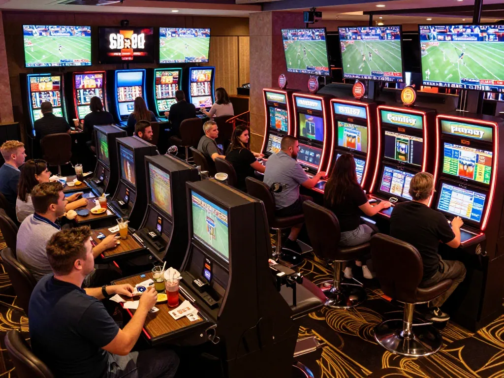 Engaged sports bettors at Fun88 com enjoying live betting experience in a vibrant casino atmosphere.
