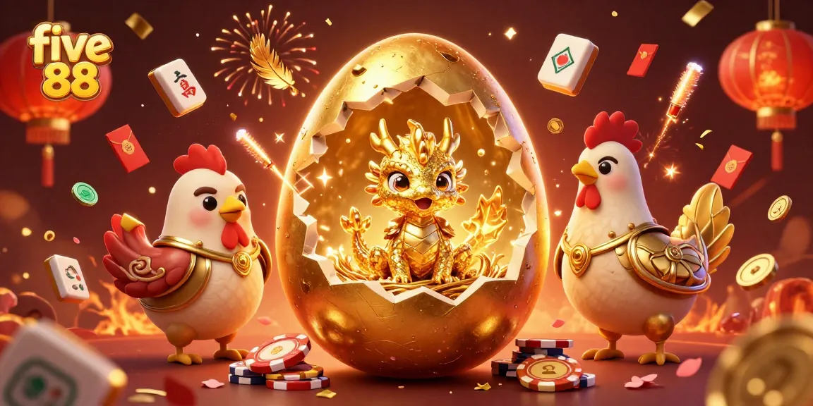 Experience the thrilling five 88 world with a baby dragon, poker chips, and festive gold elements.