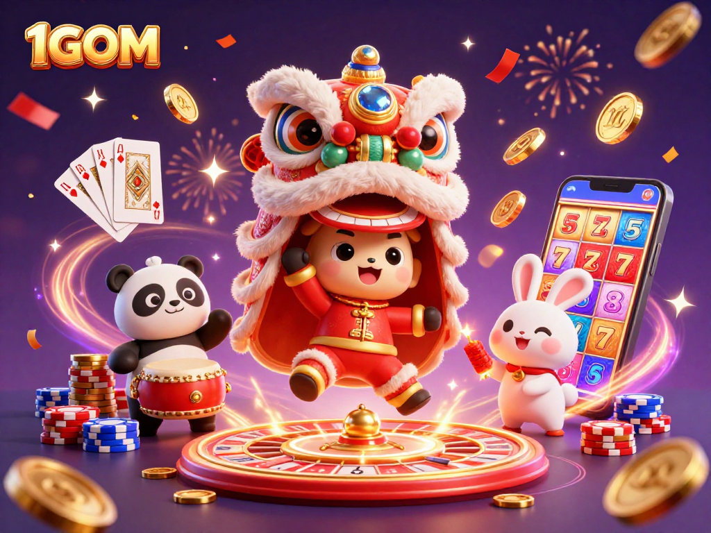 Exciting 1GOM gaming scene with characters celebrating and winning, showcasing vibrant casino elements.