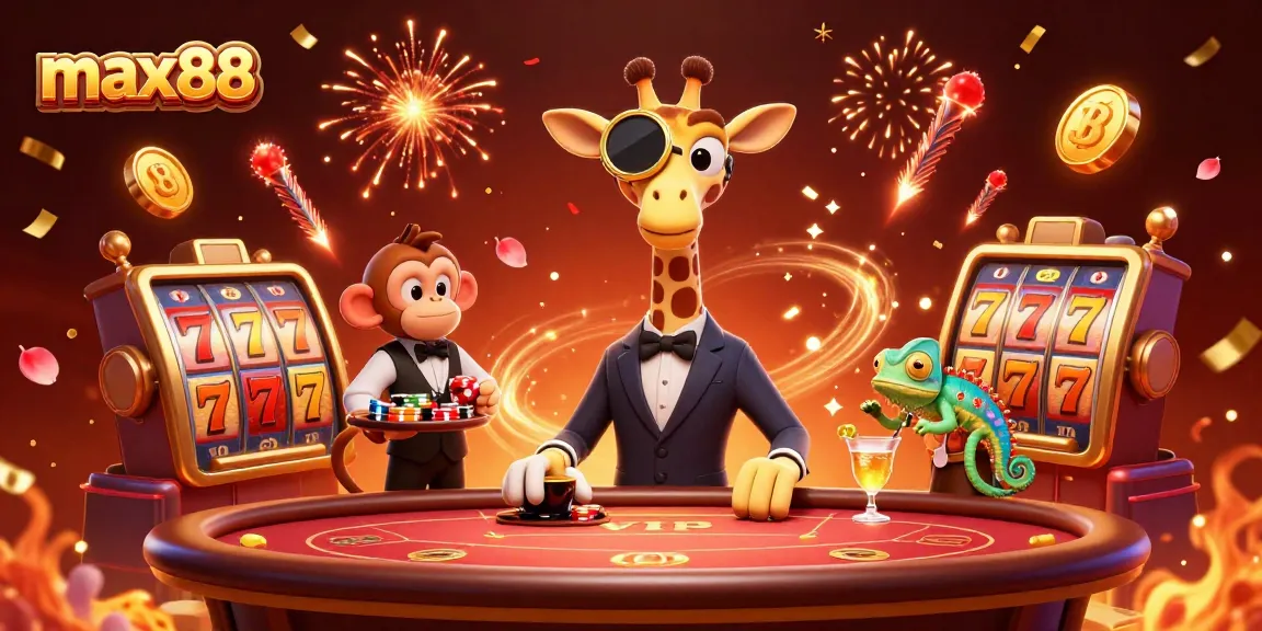 Experience the thrill at max88 with a high-roller giraffe and vibrant casino elements.
