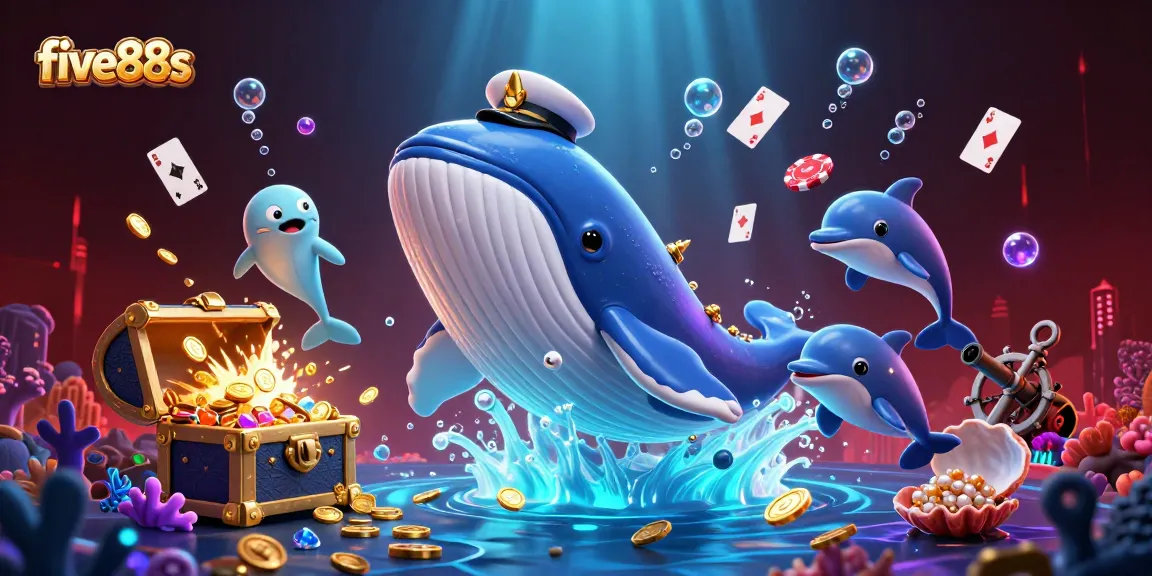 Experience five88s thrilling casino action with a 3D whale and playful dolphins amidst electrifying scenes.