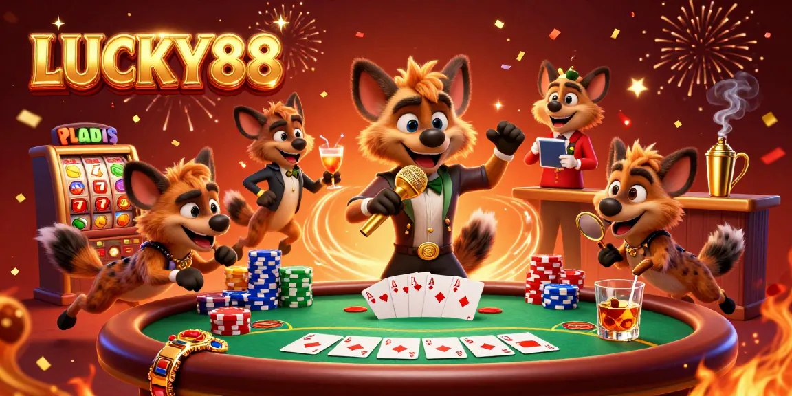 Experience thrilling fun with LUCKY88 as hyenas engage in a vibrant casino scene with rich game elements.