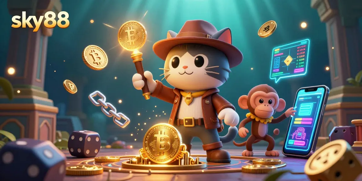 Engage in thrilling gaming adventures at sky88 with a vibrant 3D illustrated scene filled with casino treasures.