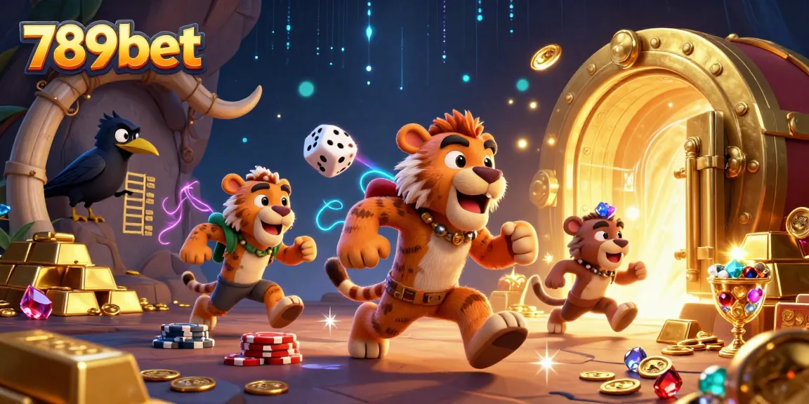 Join the excitement at 789bet with a vibrant casino scene featuring thrilling 3D characters and rich treasures.