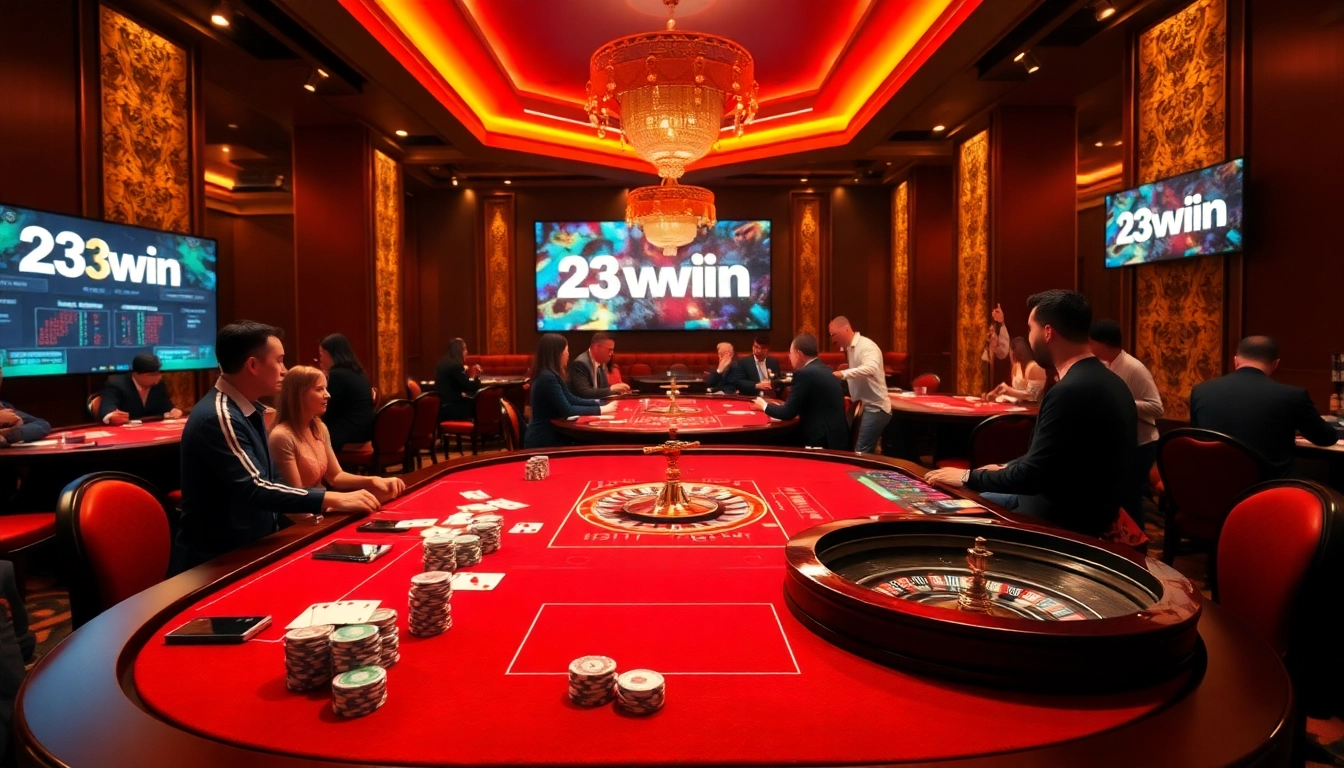 Experience the excitement at 23win's luxury casino gaming table with poker chips and roulette wheel.