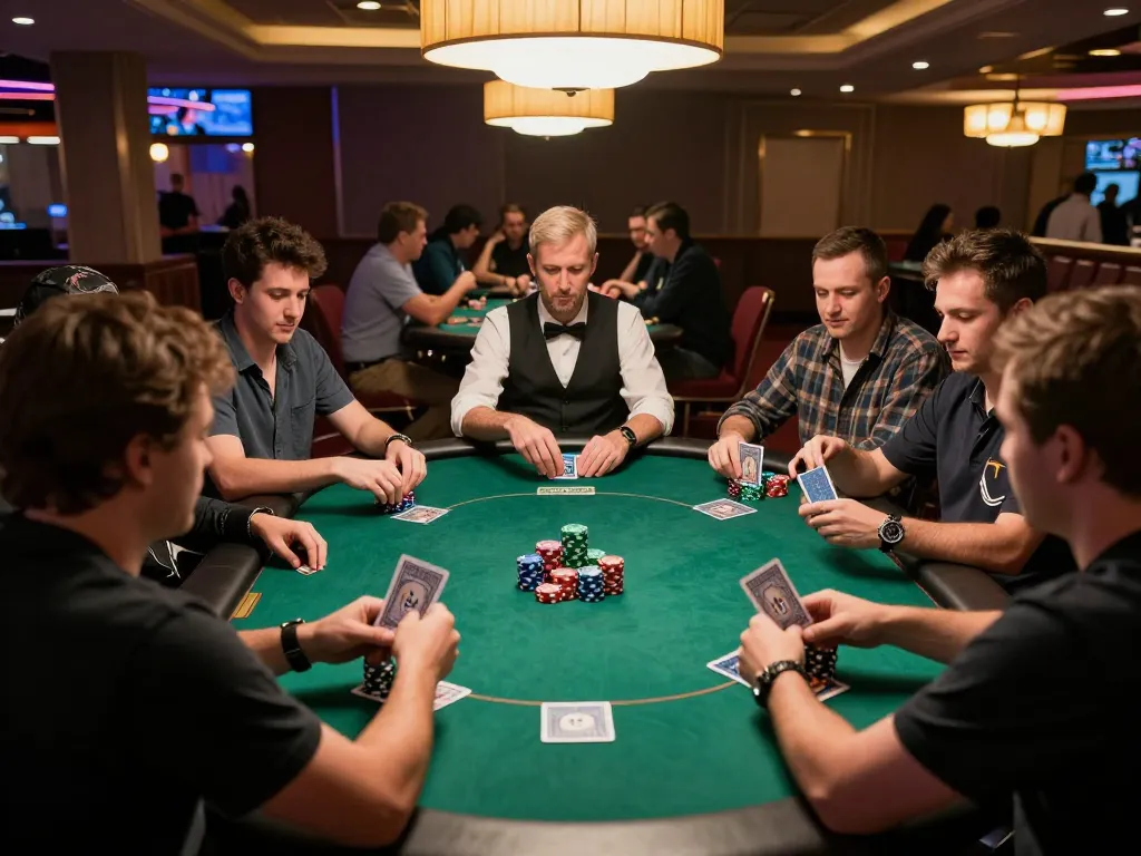 Thabet players engage in a strategic poker game, surrounded by colorful chips and cozy casino atmosphere.
