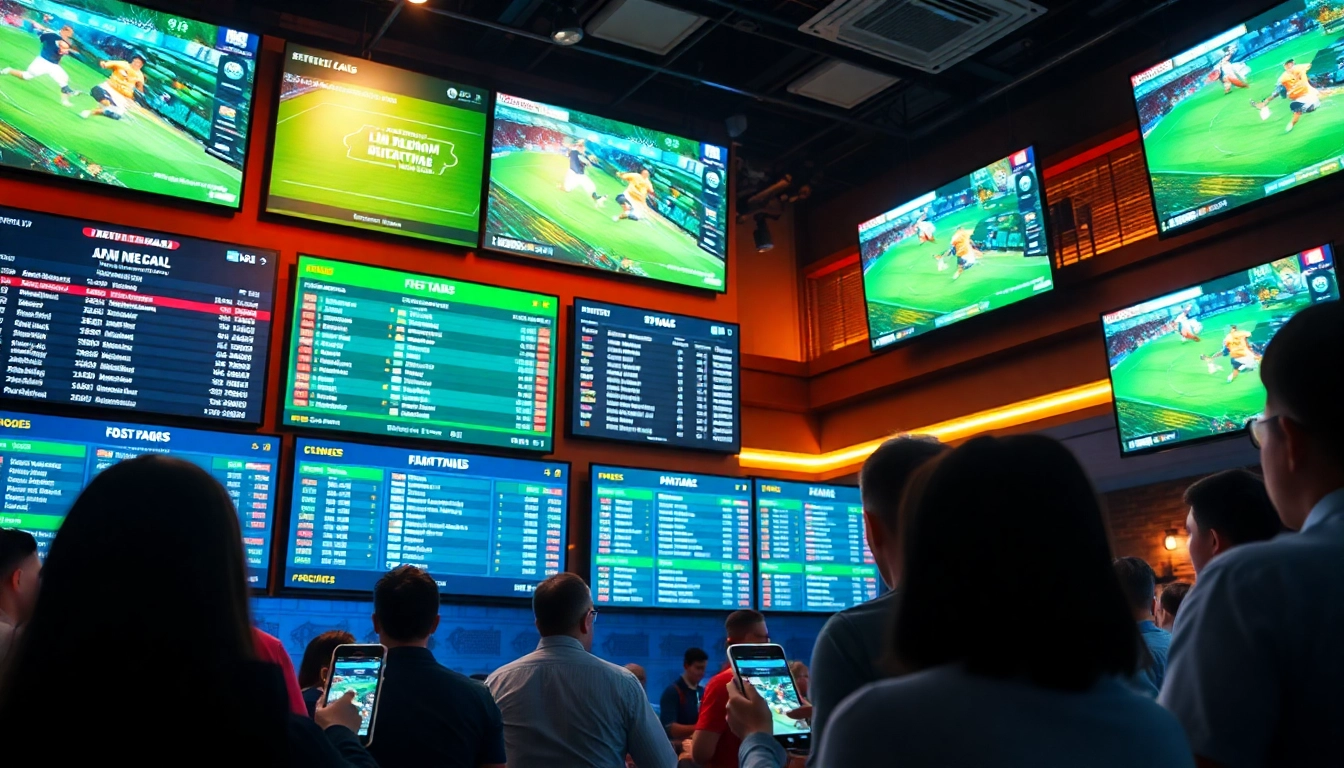 Vibrant sports betting scene showcasing kèo nhà cái with live odds and people engaging digitally.